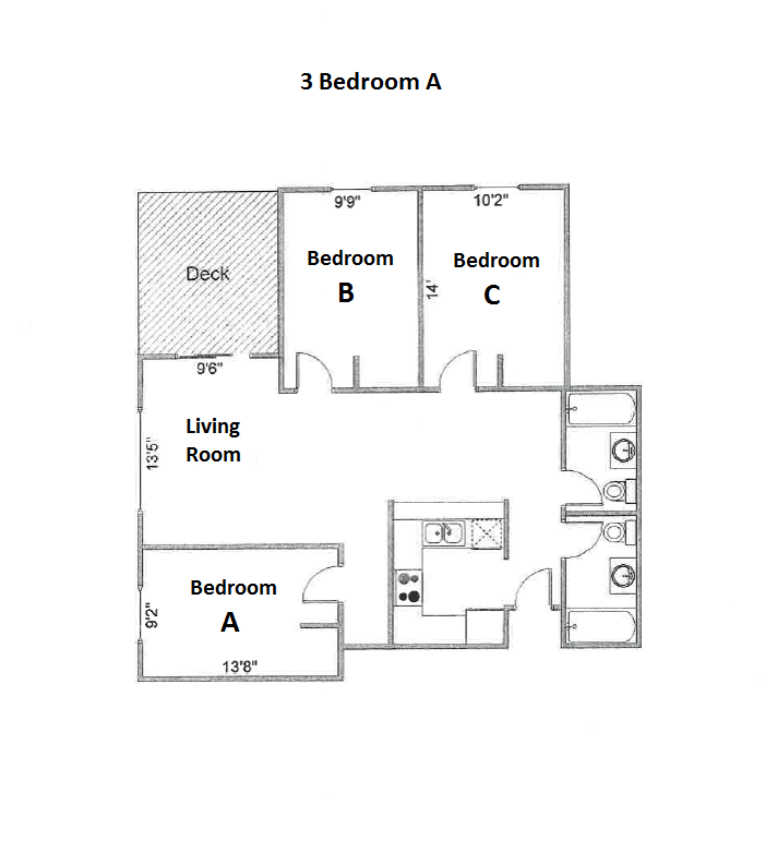 Floor plan for 3 beds, 2 baths, 825 sqft